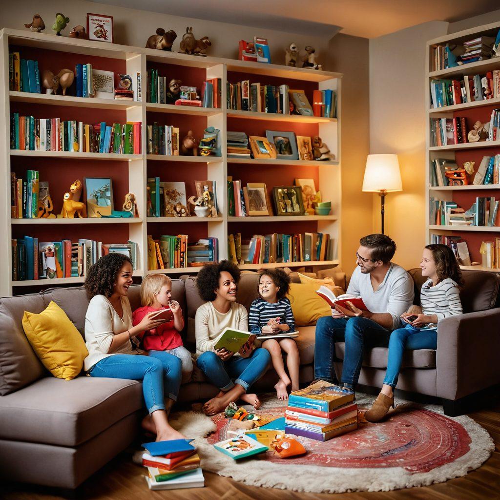 A joyful family gathered in a cozy living room, laughing and playing games together. Colorful bookshelves filled with children's books in the background. Warm lighting creates a welcoming atmosphere, with toys scattered around. Parents and children engaging in various fun activities, showcasing strong bonds and happy moments. super-realistic. vibrant colors. warm tones.