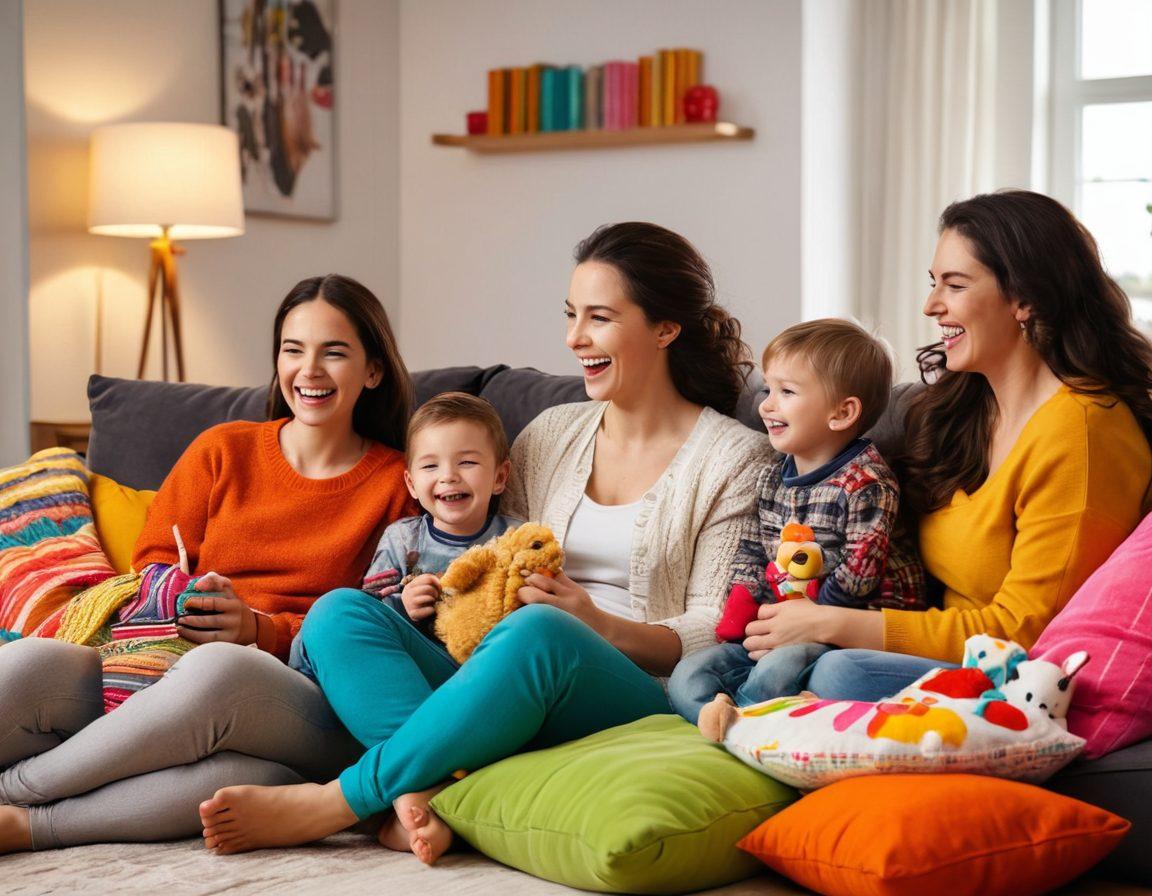 A joyful mother surrounded by her children, laughing and watching a fun TV show together, with cozy blankets and snacks scattered around. The scene should radiate warmth and happiness, showcasing the bond of family and the joy of motherhood. Include elements of a modern living room decorated with colorful cushions and playful toys. The style should be vibrant and inviting, capturing a sense of comfort and togetherness. vibrant colors. cozy atmosphere.