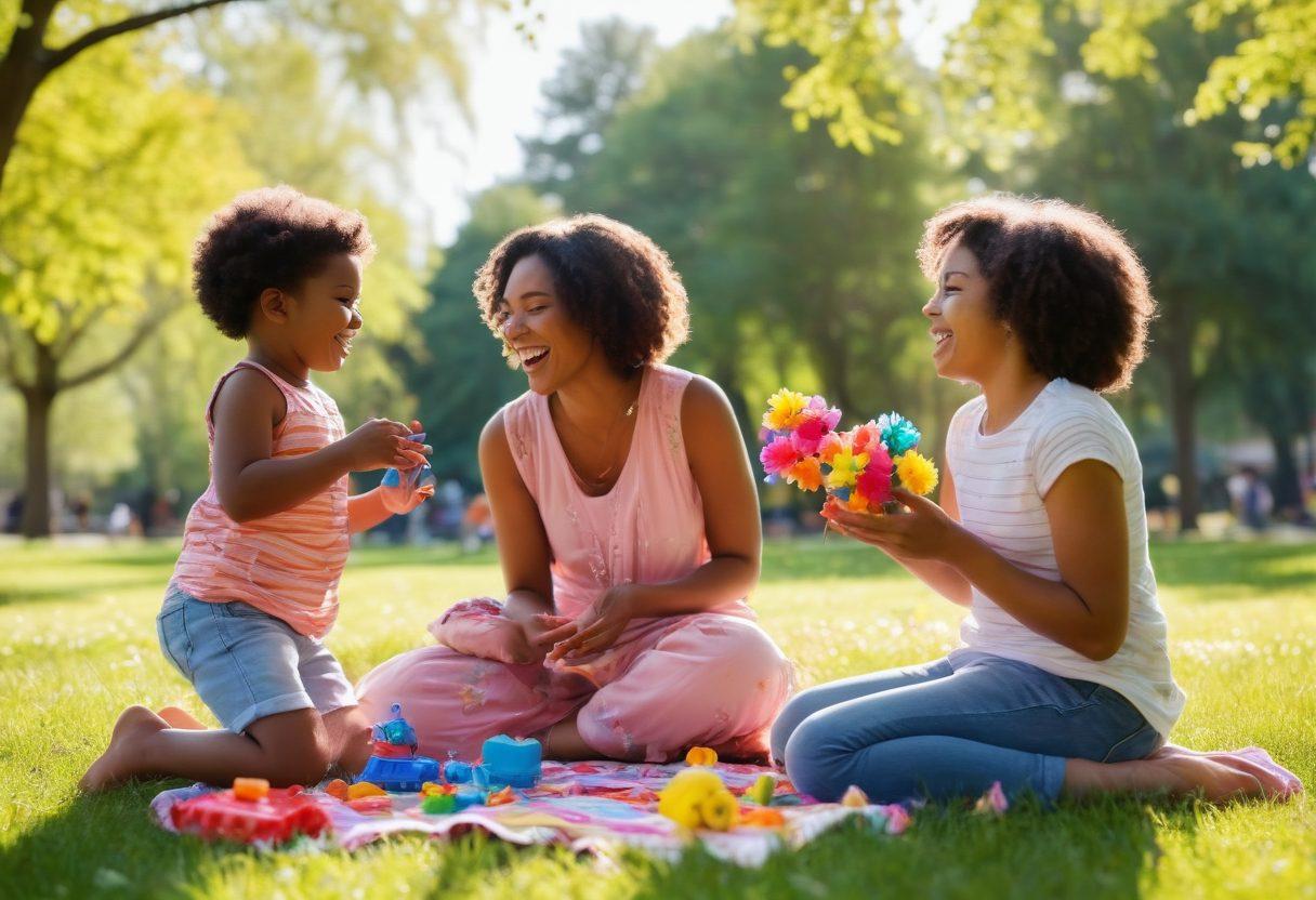 A joyful mother playing with her children in a sunlit park, showcasing a warm and loving atmosphere. The scene captures moments of laughter and empowerment, with colorful toys scattered around and blooming flowers in the background. Diverse families are represented, reflecting inclusivity and shared experiences of motherhood. Bright, cheerful colors dominate the scene, symbolizing joy and positivity. vibrant colors. super-realistic.